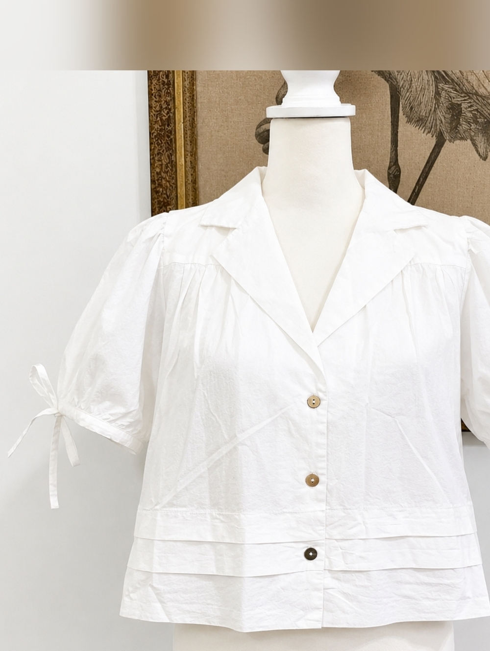 White Cotton Cropped Blouse Puff Sleeve Button Top M